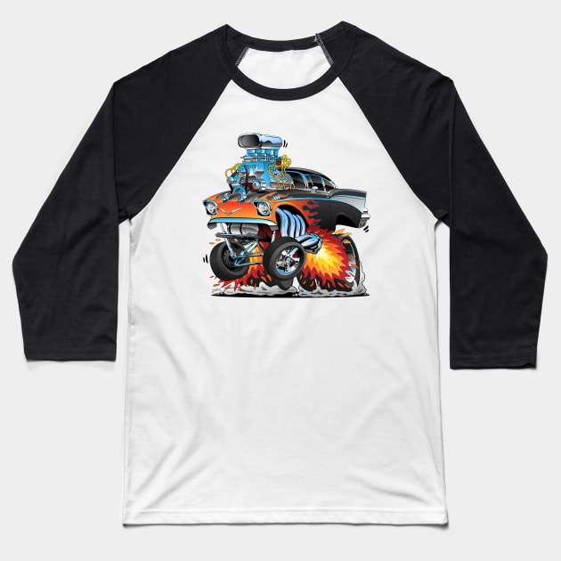 Classic hot rod fifties style gasser drag racing muscle car, red hot flames, big engine, lots of chrome, cartoon illustration Baseball T-Shirt by hobrath